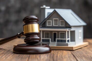Auction for apartment sale with gavel and house model, showcasing a formal real estate transaction process