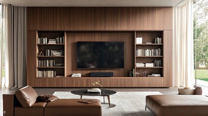 Minimalist interior featuring a wooden wall unit with a wall-mounted TV and organized bookshelves