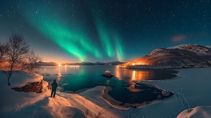 Mesmerizing Aurora Borealis Shimmering Over Serene Frozen Lake in the Darkness   Glowing Ethereal Lights Dancing Across the Night Sky Reflecting on the Tranquil Icy Surface