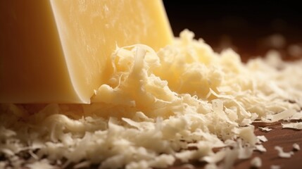 Aged Parmesan cheese is captured in its purest form, showcasing finely grated textures and rich...