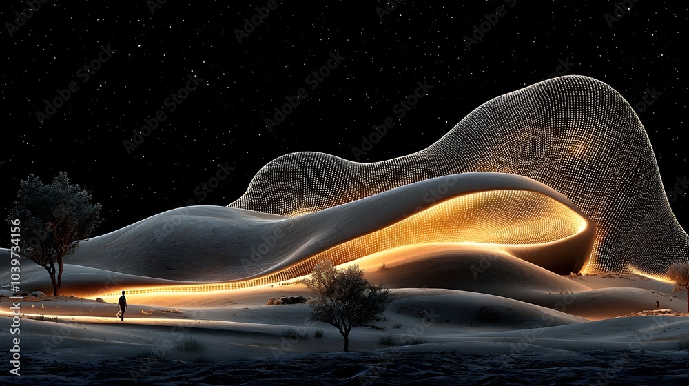 Leinwandbilder Mesmerizing desert landscape with glowing abstract mesh patterns reflecting the dynamic movement of sand dunes in a serene minimalist composition