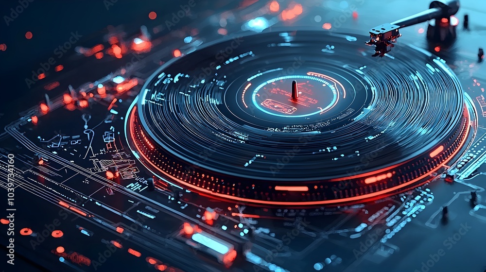 Aufkleber Mesmerizing digital abstract of a vinyl record spinning with a glowing pulsing mesh of luminous neon lines and patterns in a futuristic hypnotic visual display