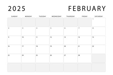 February 2025 monthly planner. Calendar template. Sunday start. Vector design