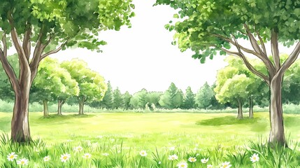 Obraz premium Watercolor Painting of Green Trees and Grass with White Flowers