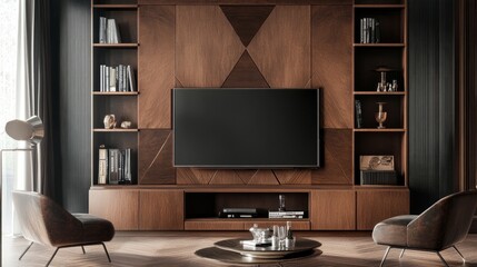 Wooden wall unit combining functionality and aesthetics with a TV, bookshelves, and tasteful decorations