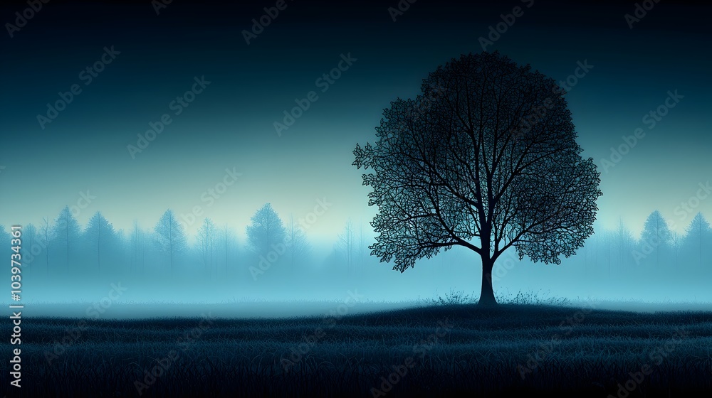 Poster mesmerizing digital artwork depicting the silhouettes of trees with glowing mesh outlines set agains