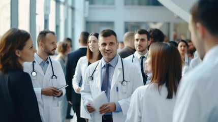 Fototapeta premium Doctors gather in a hospital, conversing and collaborating energetically around medical care insights.