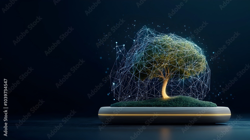 Poster mesmerizing digital artwork featuring a bonsai tree with intricate glowing mesh patterns decorating 