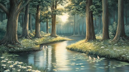 Tranquil Forest Stream with Birds and Daisies