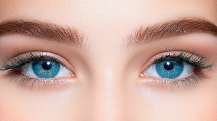 Fototapeta premium A tight shot of a woman's blue eye, adorned with long lashes, and topped with a green eye ring