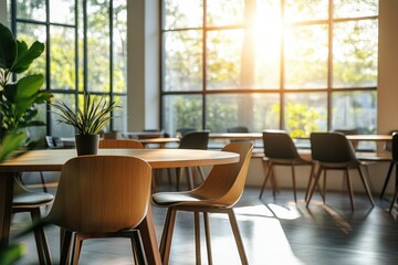 Fototapeta premium Bright conference room with natural light flooding through large windows, featuring sleek wooden furniture for a modern, open space