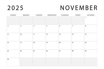 November 2025 monthly planner. Calendar template. Sunday start. Vector design