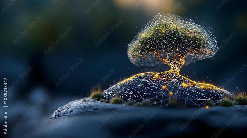 Aufkleber Mesmerizing digital artwork showcasing a bonsai tree with intricate glowing mesh patterns decorating its delicate branches creating a serene and enchanting visual experience