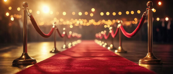 Glamorous red carpet entrance, illuminated by warm bokeh lights, flanked by polished stanchions and ropes, setting the stage for a prestigious event murmuring excitement.