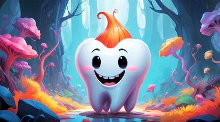 A cartoon of a molar in a cute forest.