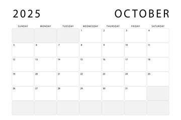October 2025 monthly planner. Calendar template. Sunday start. Vector design