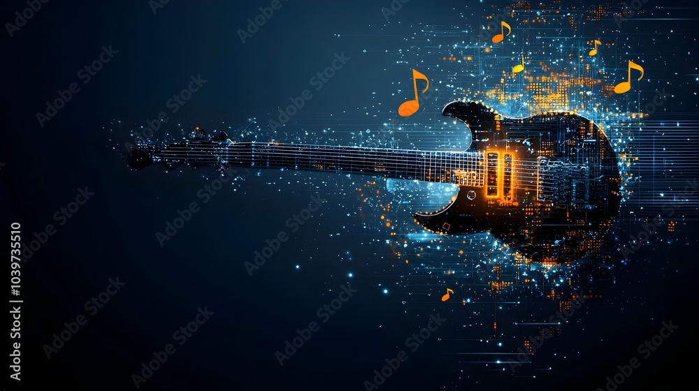 Aufkleber mesmerizing digital artwork showcasing a glowing guitar melody flowing gracefully through a dynamic 