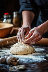 Hands kneading dough on a floured surface, with a rolling pin and baking ingredients in the background.