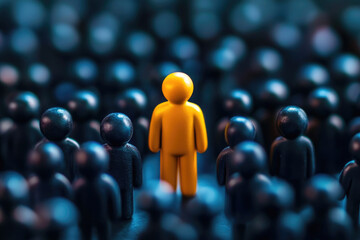 Fototapeta premium Standing Out in the Crowd, a singular yellow figure emerges amidst a sea of dark silhouettes, symbolizing individuality and the search for identity in a collective world.