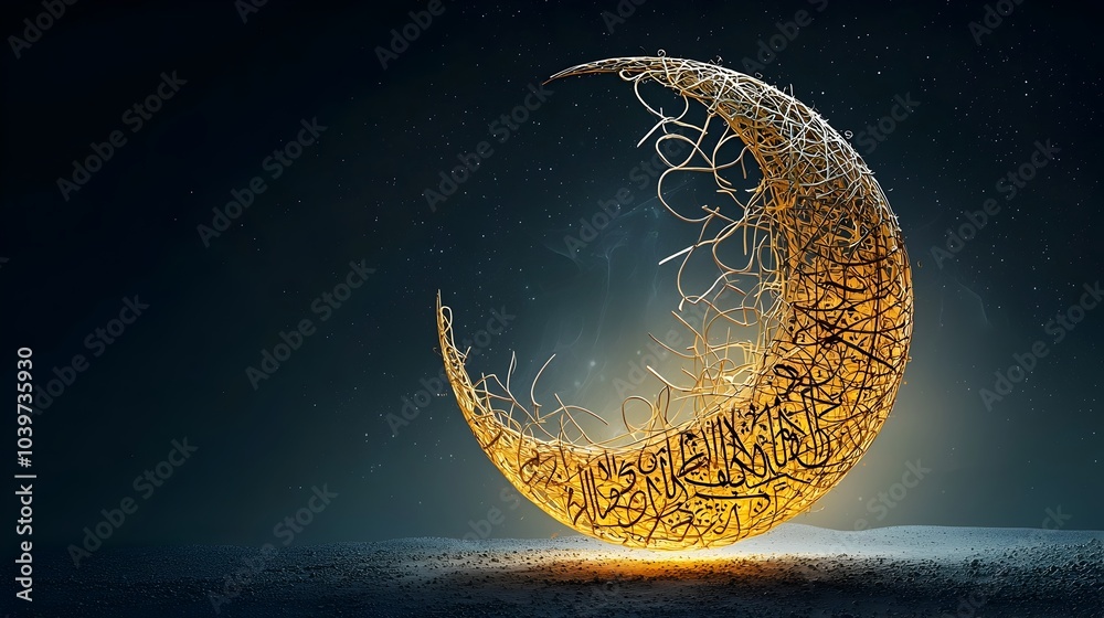 Poster Mesmerizing digital of a glowing crescent moon intertwined with delicate Arabic calligraphy set against an ethereal mesh backdrop creating a captivating and transcendent visual experience