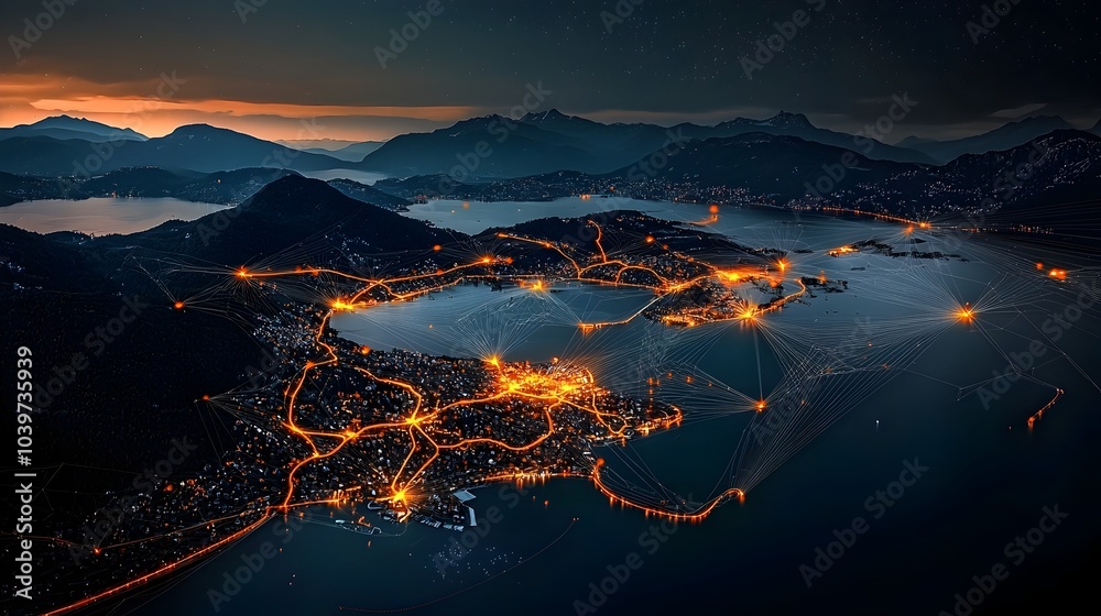Fototapete Mesmerizing digital landscape with glowing mesh lines rippling and reflecting across the calm surface of a tranquil lakeside scene creating a futuristic and ethereal atmosphere