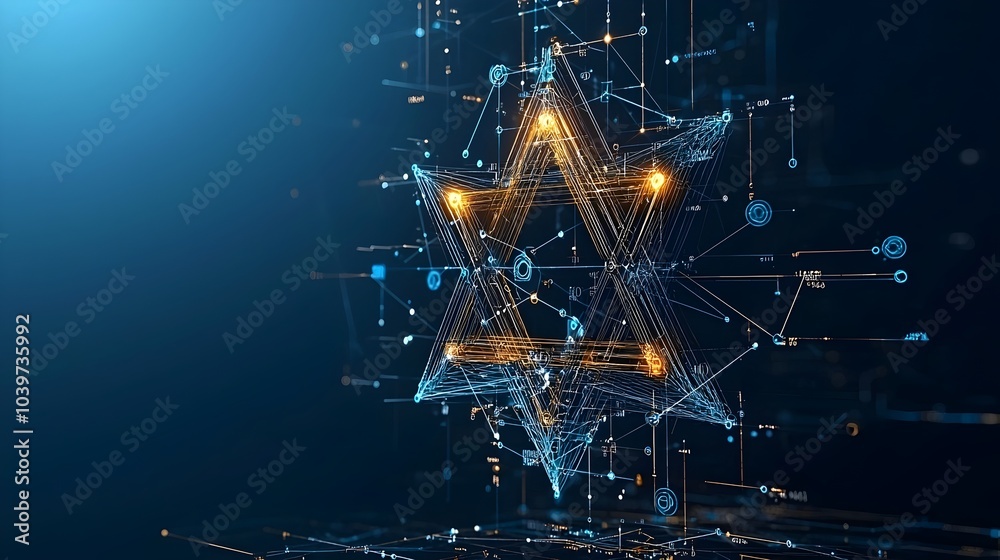 Poster Mesmerizing digital of a glowing mesh Star of David shape with geometric lines radiating outward in a luminous modern and abstract design