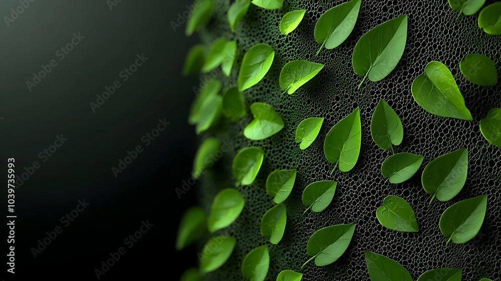 Poster Mesmerizing digital of a glowing interconnected mesh pattern following the spread of lush verdant ivy across an architectural wall surface