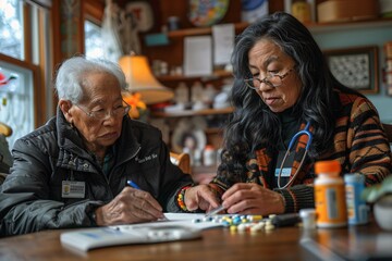 Fototapeta premium An elderly man and a woman gather around a table discussing medication management in a cozy home environment, showcasing care and attention during their interaction