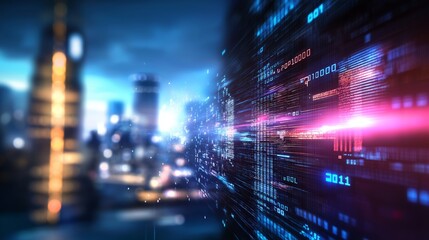 Obraz premium speed blur modern urban cityscape with high rise buildings shimmering glowing with bokeh light, futuristic and modern civilization abstract background