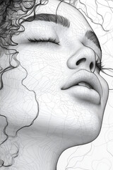 Ethereal Beauty, a stylized representation of a serene face, merging delicate lines and graceful curls, exploring themes of tranquility and elegance through minimalist design.