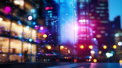 Fototapeta premium speed blur modern urban cityscape with high rise buildings shimmering glowing with bokeh light, futuristic and modern civilization abstract background