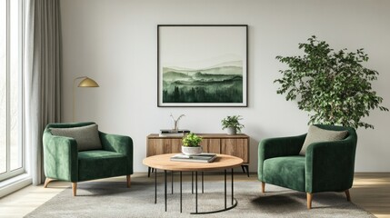 Coffee table in a modern living room with green armchairs, complemented by a minimalist mockup frame and stylish decor