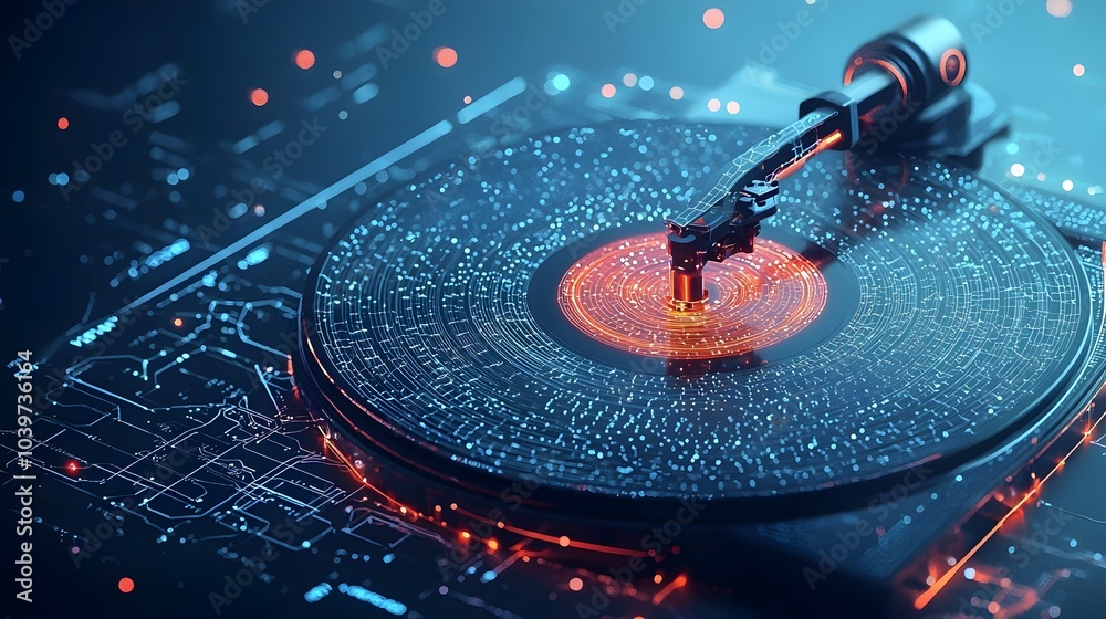 Fototapete Mesmerizing digital rendering of a glowing mesh line vinyl record spinning with vibrant neon patterns creating a futuristic and hypnotic visual effect