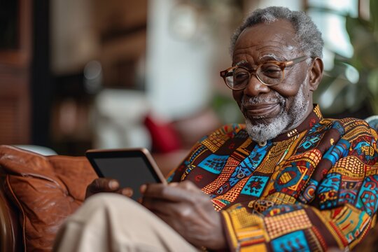 An elderly man with glasses smiles as he readies to engage with a tablet. He is dressed in colorful, patterned attire and sits comfortably in a cozy, well-furnished living room