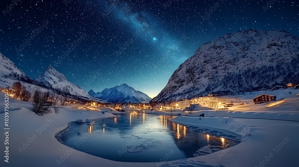 Poster mesmerizing frozen river reflecting the pale light of distant stars in a serene otherworldly landsca