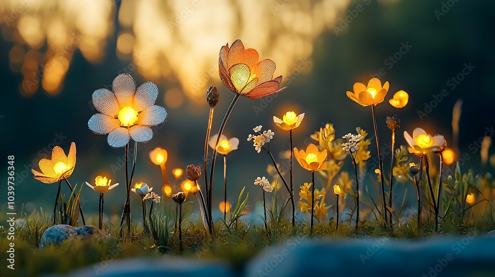Aufkleber mesmerizing garden scene with individual blooming flowers surrounded by glowing mesh accents creatin
