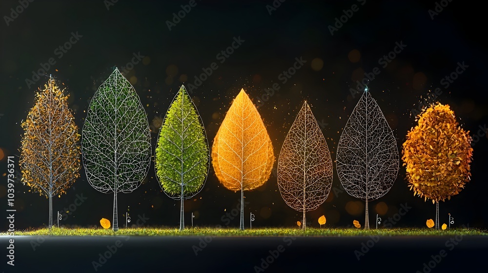 Aufkleber Mesmerizing glow mesh lines in shades of green and brown creating a captivating visual representation of the cycle of leaves turning from lush green to warm autumn tones  This abstract