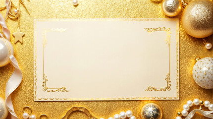 Elegant Blank Gold Holiday Card with Ornaments and Glitter Background Christmas, New Year concept