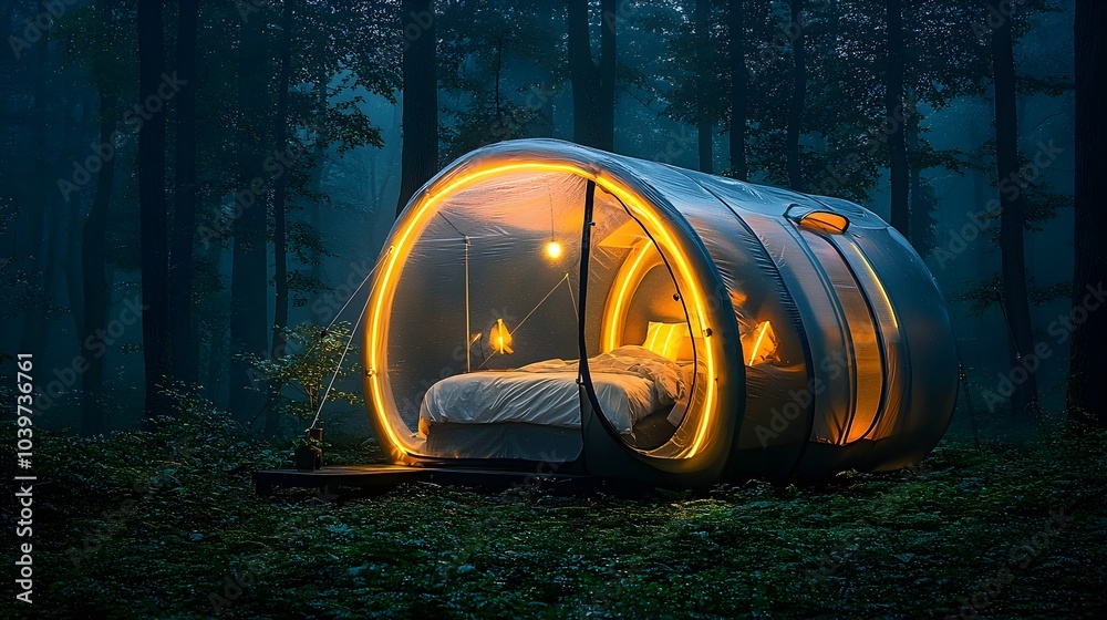 Poster Mesmerizing glowing mesh camping tent nestled within a serene and tranquil forest landscape creating a magical and surreal nighttime scene