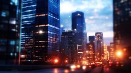 Obraz premium modern urban cityscape with high rise buildings shimmering glowing with bokeh light, futuristic and modern civilization abstract background