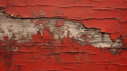 Obraz premium Cracked, weathered red paint reveals underlying wood, creating a textured, rustic aesthetic.
