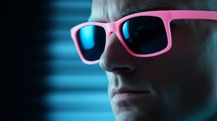  A tight shot of someone donning pink sunglasses, framing a blue reflection from the lenses