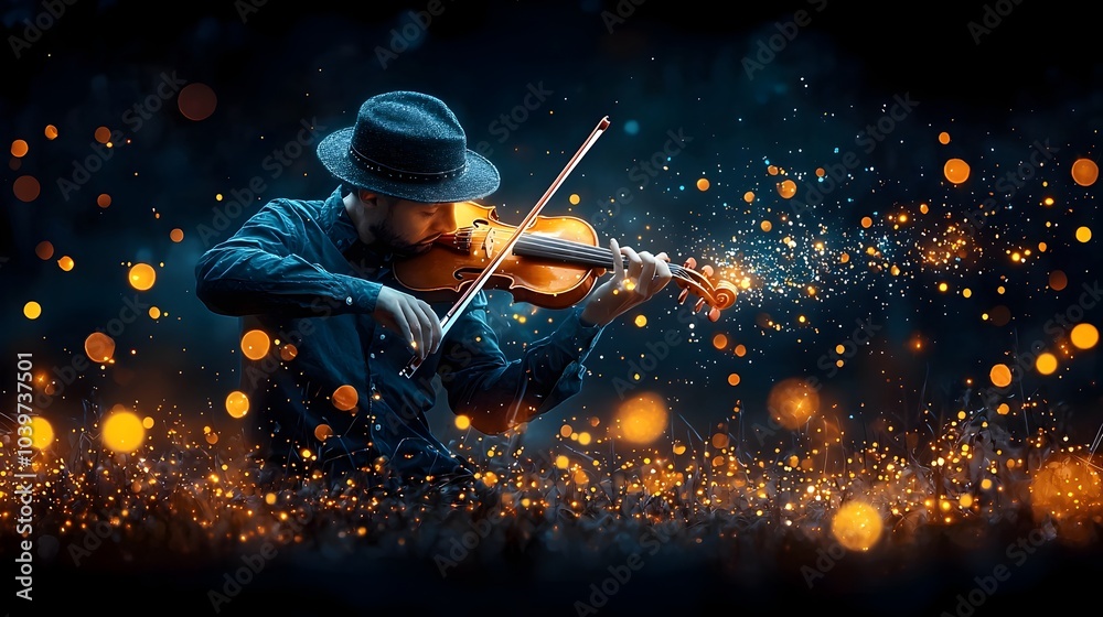 Aufkleber Mesmerizing glowing mesh lines swirling and pulsating around a talented musician playing a violin in a peaceful park setting creating a captivating and immersive digital artwork