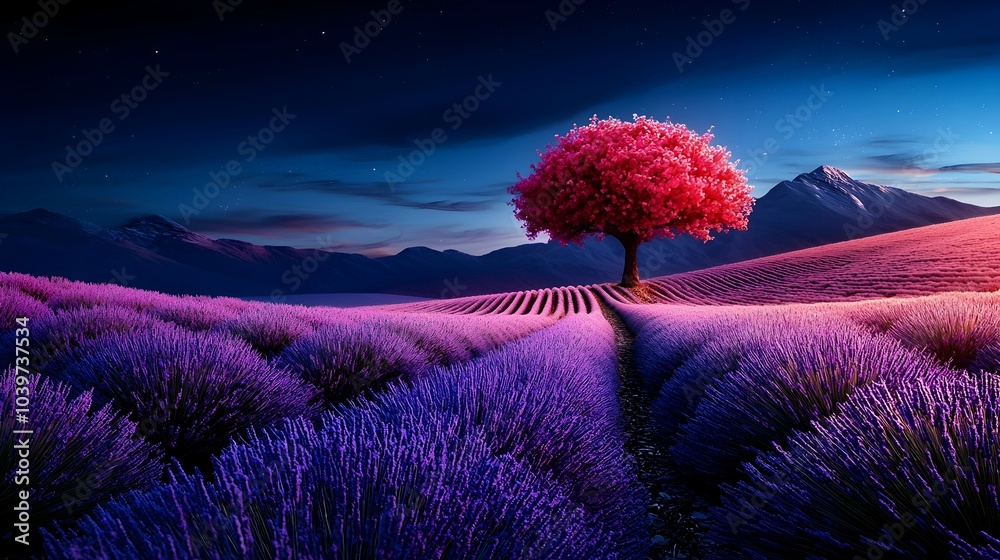 Poster mesmerizing glowing mesh lines accentuating the ethereal beauty of lavender fields at dusk