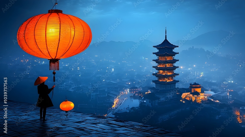 Poster mesmerizing glowing mesh patterns illuminating the roof of a temple at twilight creating a captivati
