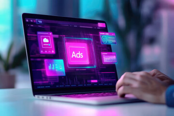 Digital advertising interface, vibrant holographic display showing analytics, ads, and data visualization on a laptop, hands engaged in marketing strategies.