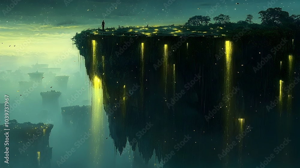 Aufkleber mesmerizing glowing waterfalls cascading down dramatic cliffs in a serene and mystical fantasy lands
