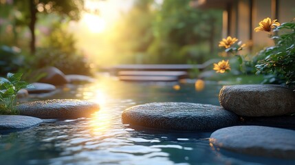 Serene garden scene with stones, water, and blooming flowers.