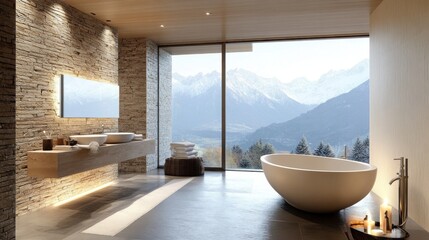 Fototapeta premium Designer hotel bathroom with a freestanding bathtub facing a breathtaking panoramic view, creating a serene and luxurious retreat