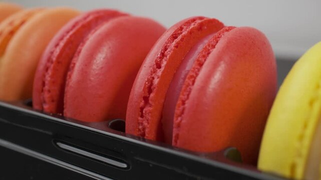 Close-up of macaroon cookies from almond dough. Traditional french desserts. 